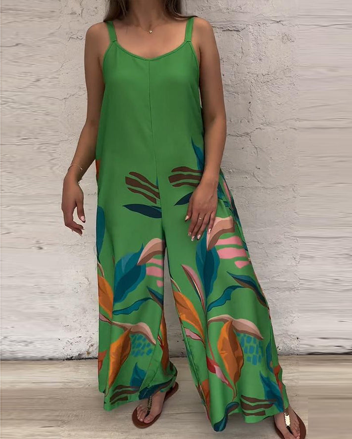 Women's Sleeveless Printed Jumpsuit with Crew Neck