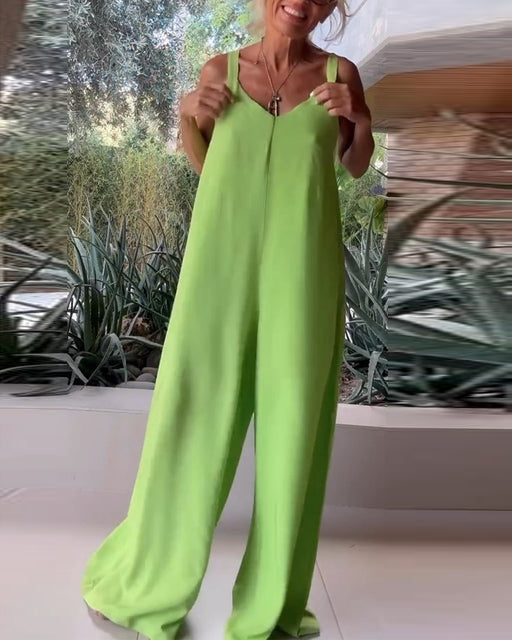 V-neck Sleeveless Solid Color Jumpsuit