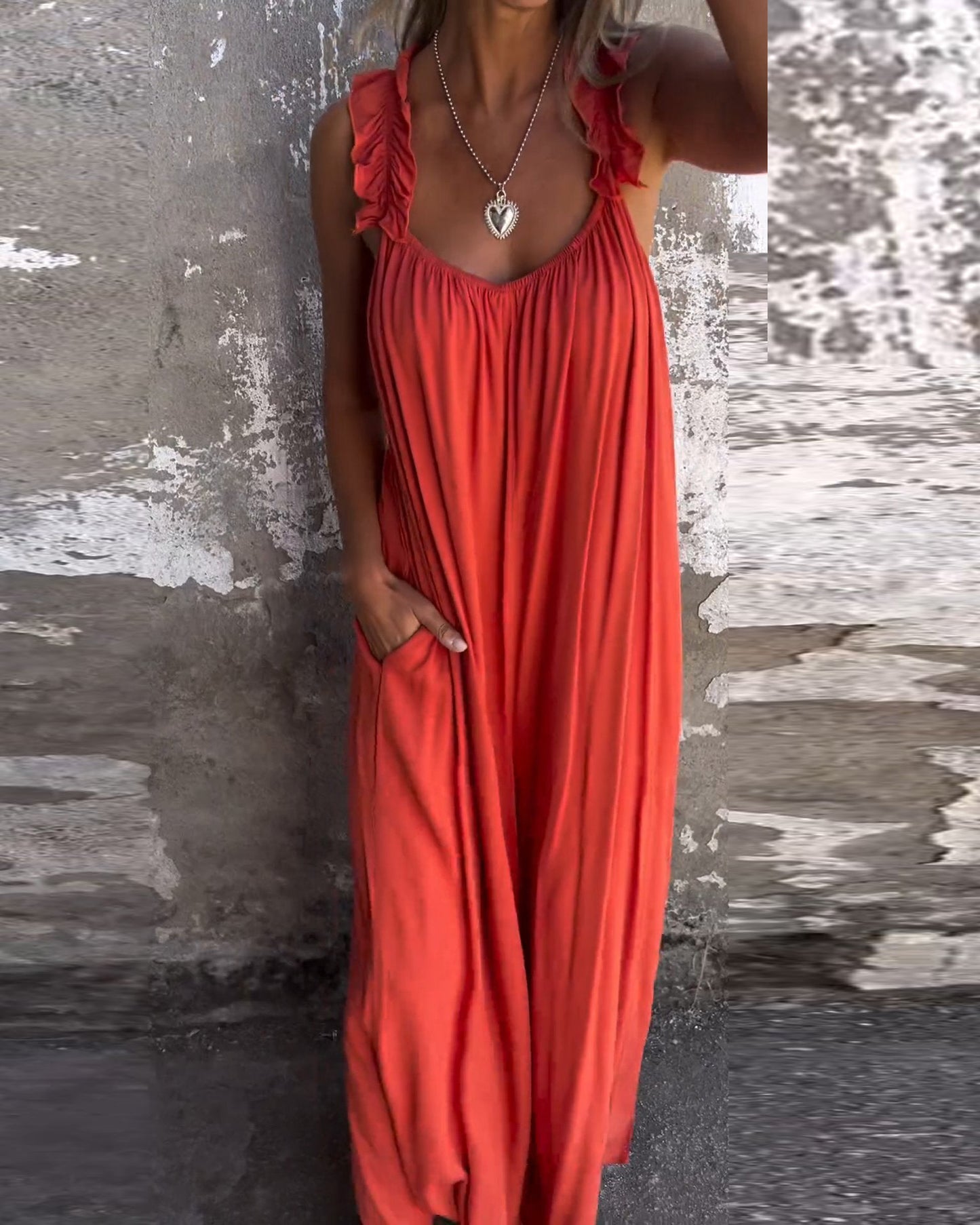 Solid Color V-neck Comfortable Jumpsuit