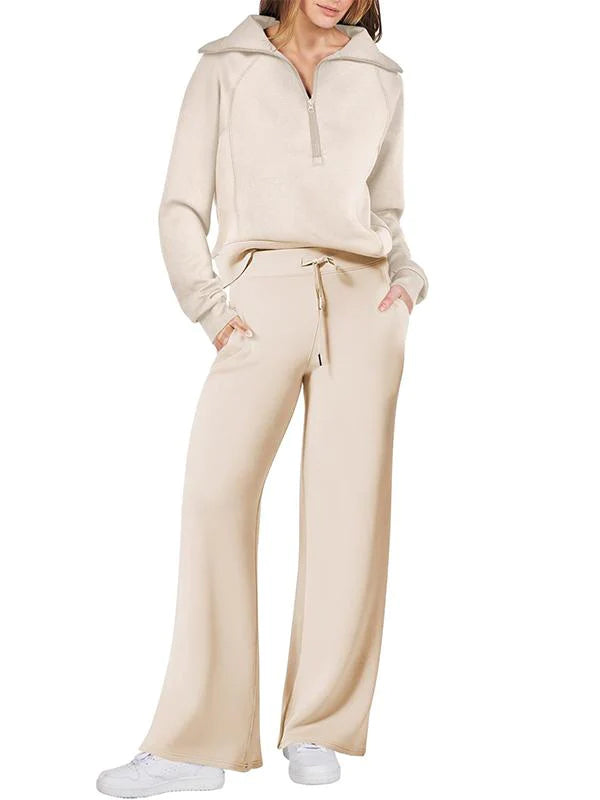 Women's casual sports suit zippered long-sleeved sweatshirt wide-leg pants two-piece set