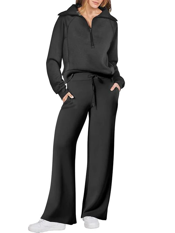 Women's casual sports suit zippered long-sleeved sweatshirt wide-leg pants two-piece set