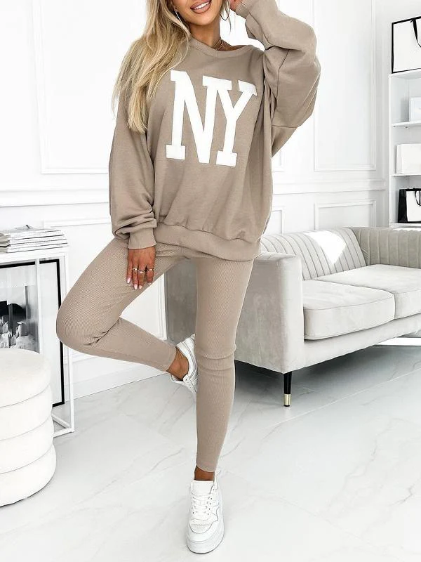 Women's Round Neck Long Sleeve Casual NY Letter Print Suit