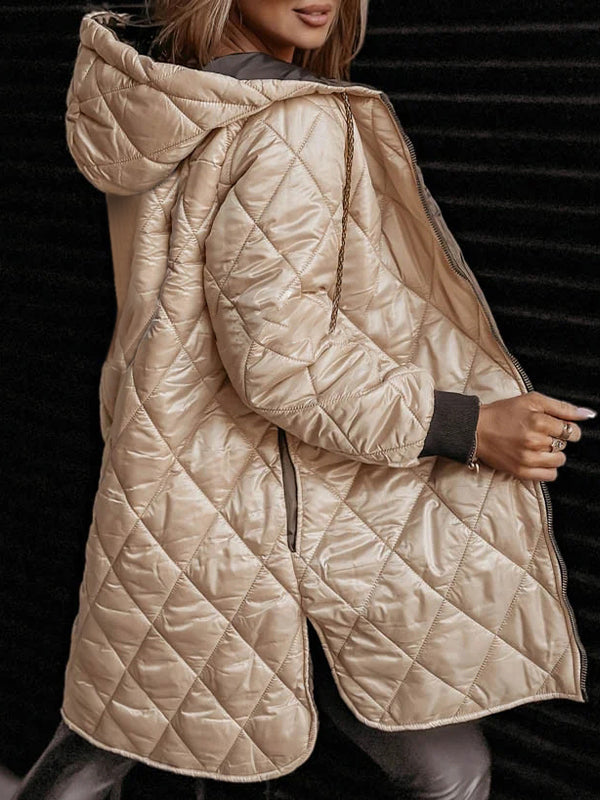 Women's Hooded Long-sleeved Diamond-patterned Casual Cotton Coat