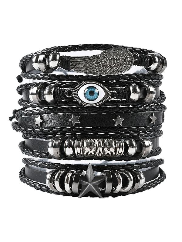 Eyes stars punk leather braided bracelet set