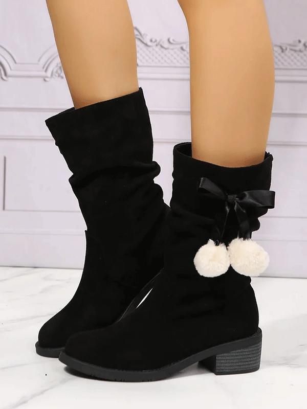 Christmas Pompom Decor Faux Suede Slouchy Boots