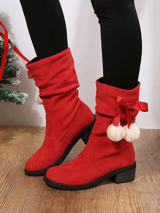 Christmas Pompom Decor Faux Suede Slouchy Boots