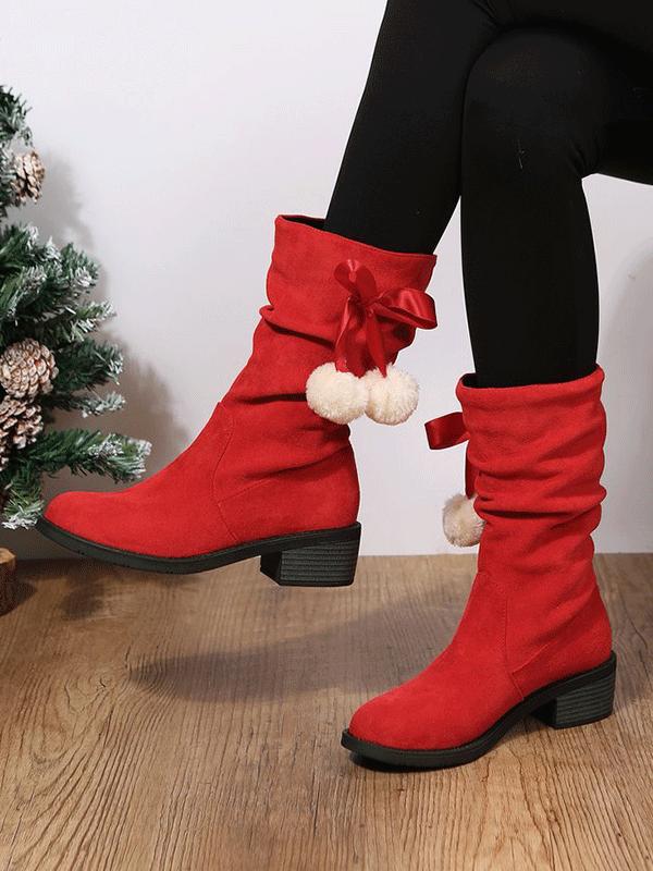 Christmas Pompom Decor Faux Suede Slouchy Boots