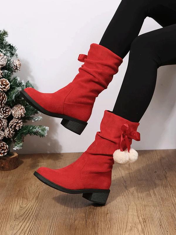 Christmas Pompom Decor Faux Suede Slouchy Boots