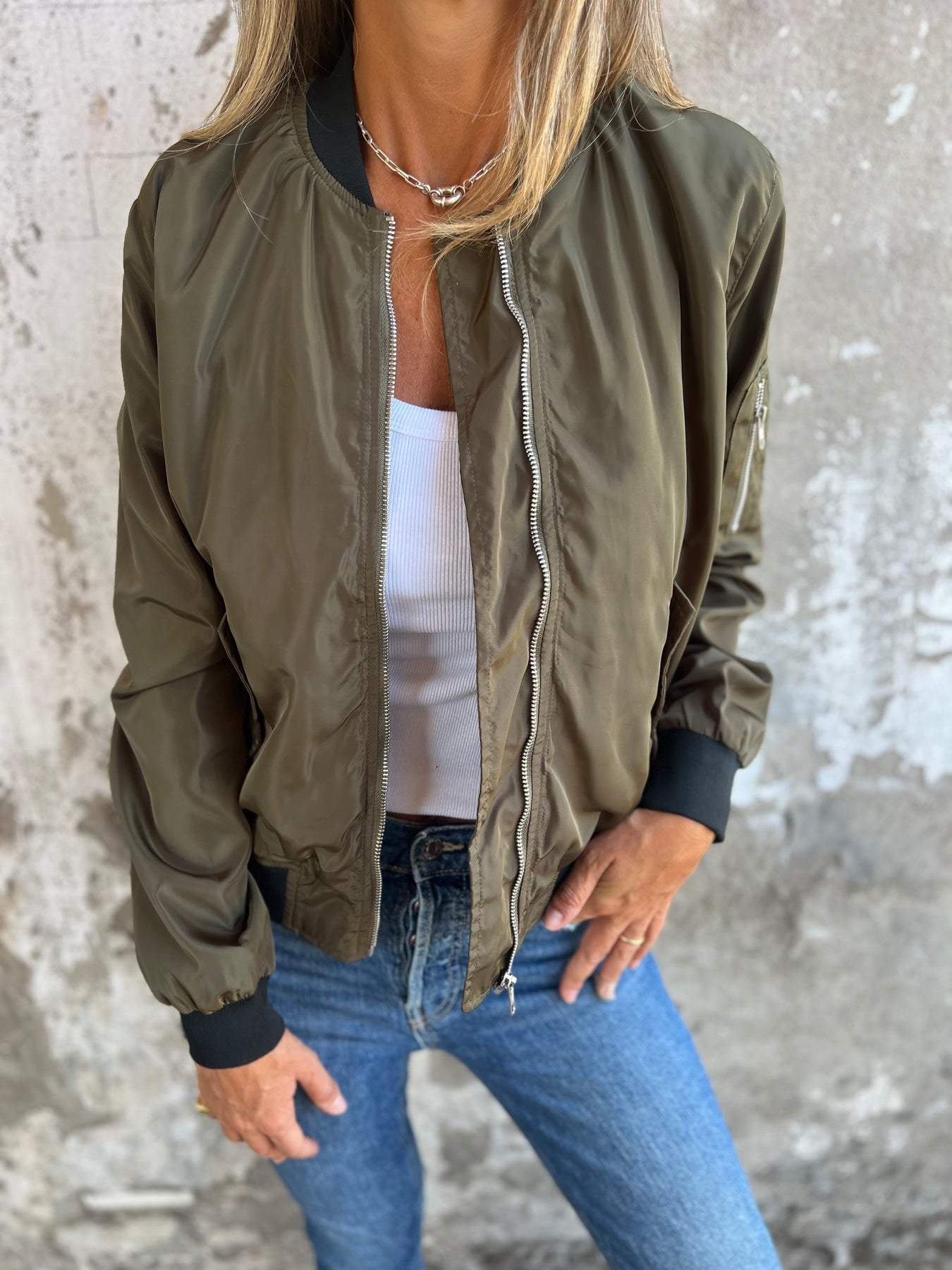 Round Neck Zippered Long Sleeve Jacket