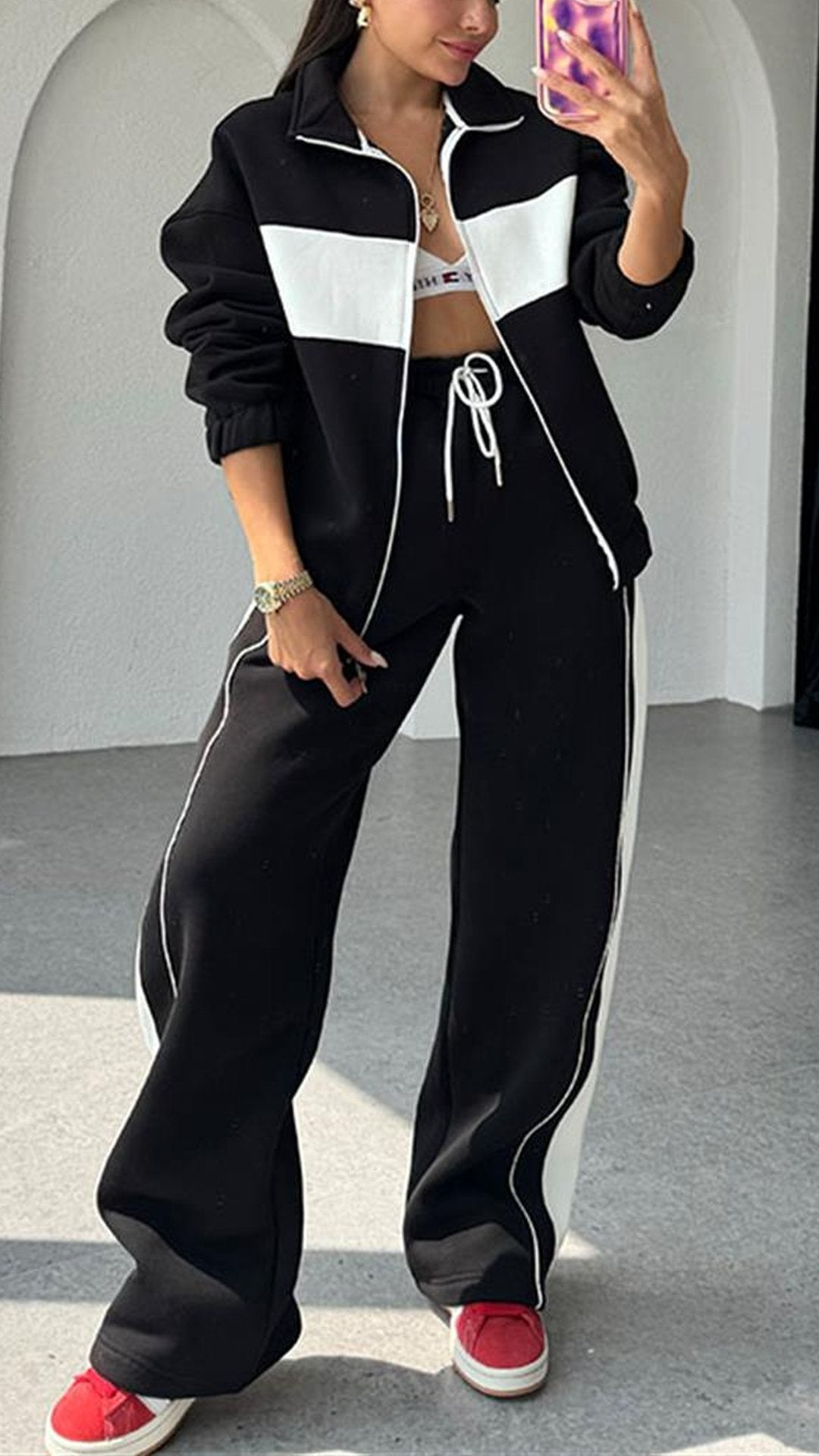 Women's Casual Striped Zipper Sweatshirt Two-piece Set