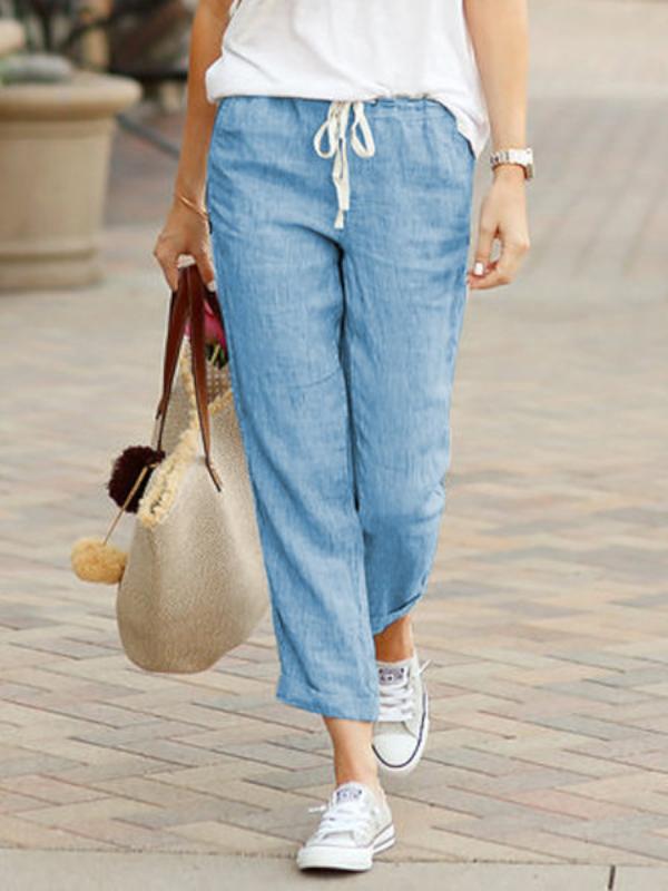 Drawstring Elastic Waist Cotton Linen Straight Trousers