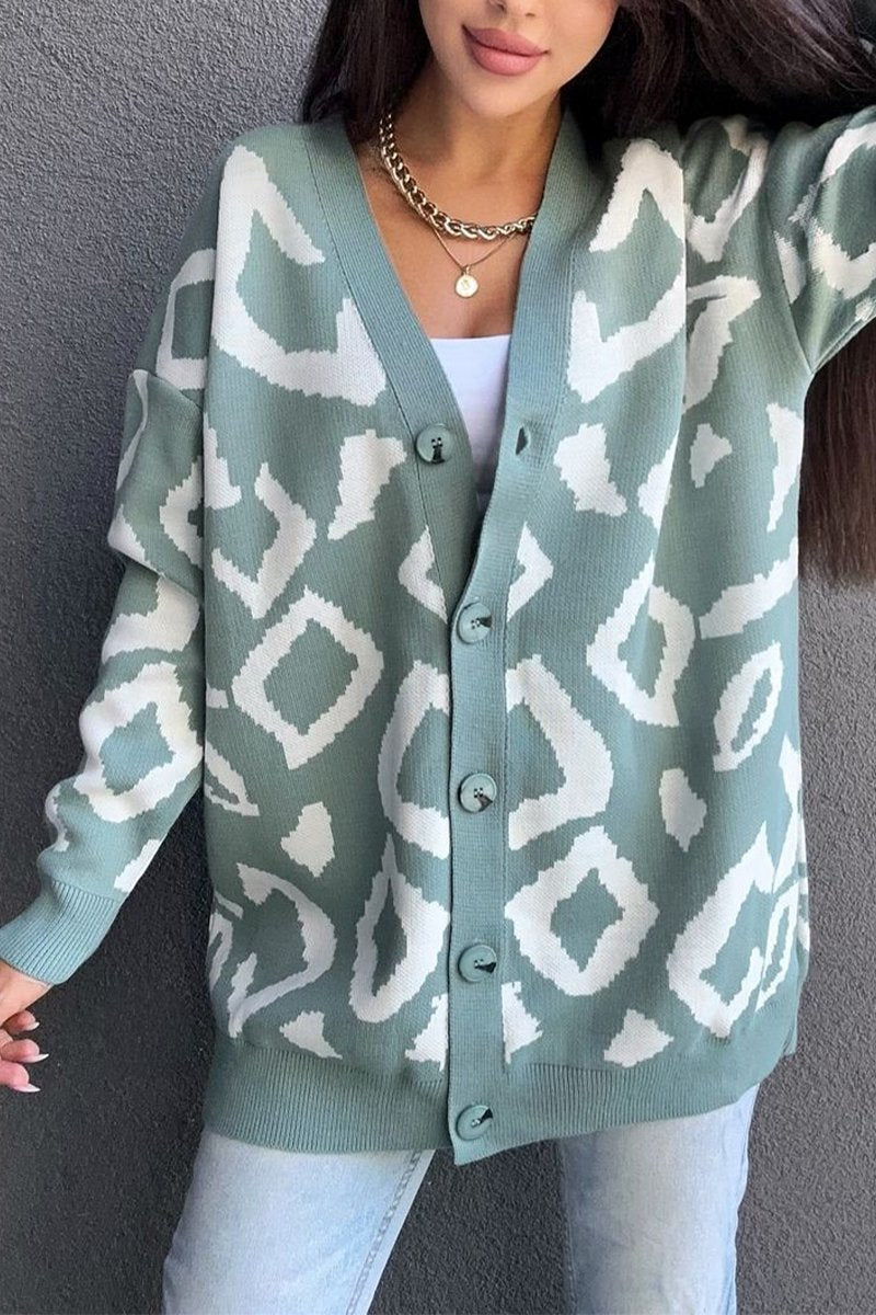 Women's Casual V-neck Printed Knitted Cardigan