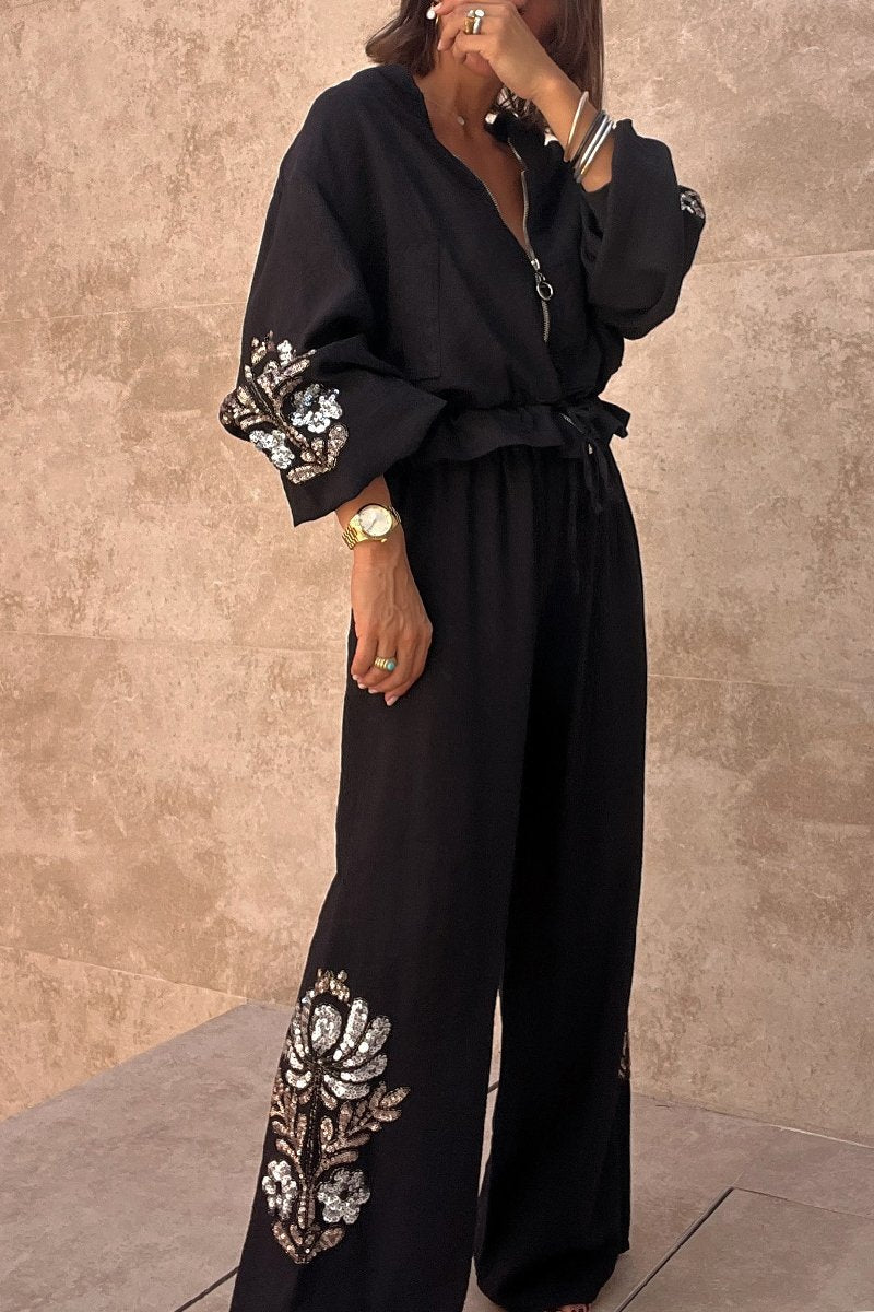 Women's Casual Sequined Cotton and Linen Pants Suit