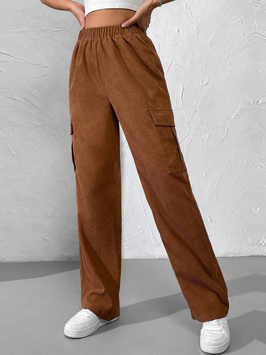 Women's loose elastic waist overalls corduroy wide leg straight casual pants