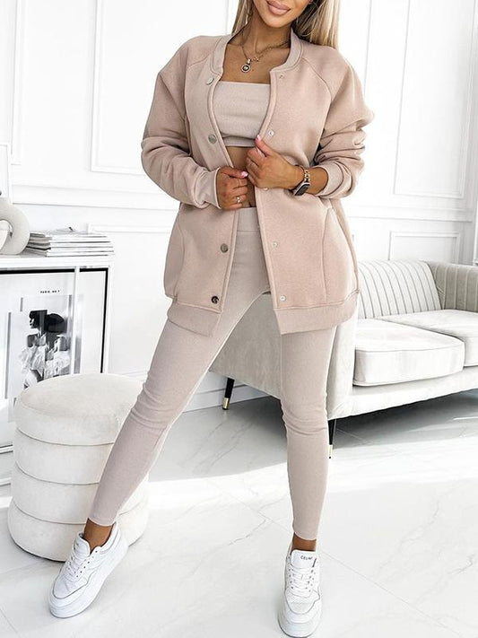 Women's Round Neck Long Sleeve Casual Sports 3-piece Suit