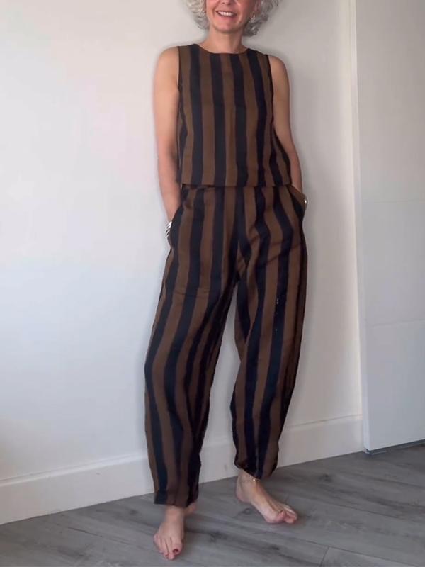 Women's Casual Round-neck Striped Sleeveless Two-piece Suit