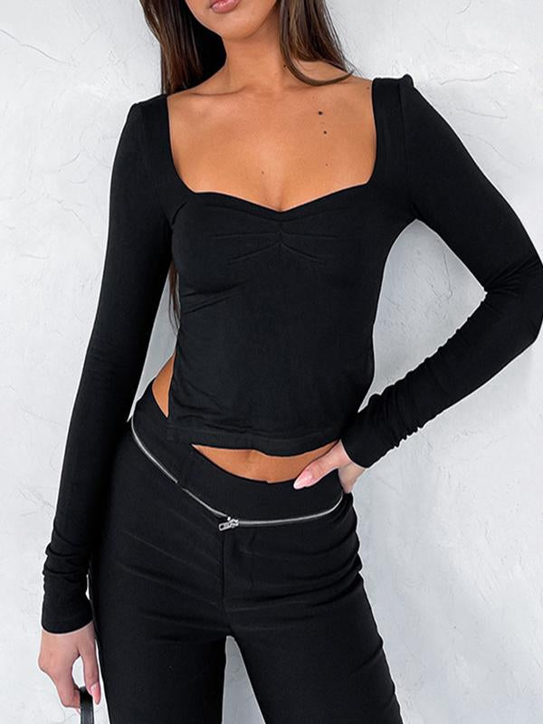 Women's solid color square collar long sleeve pleated side slit top T-shirt