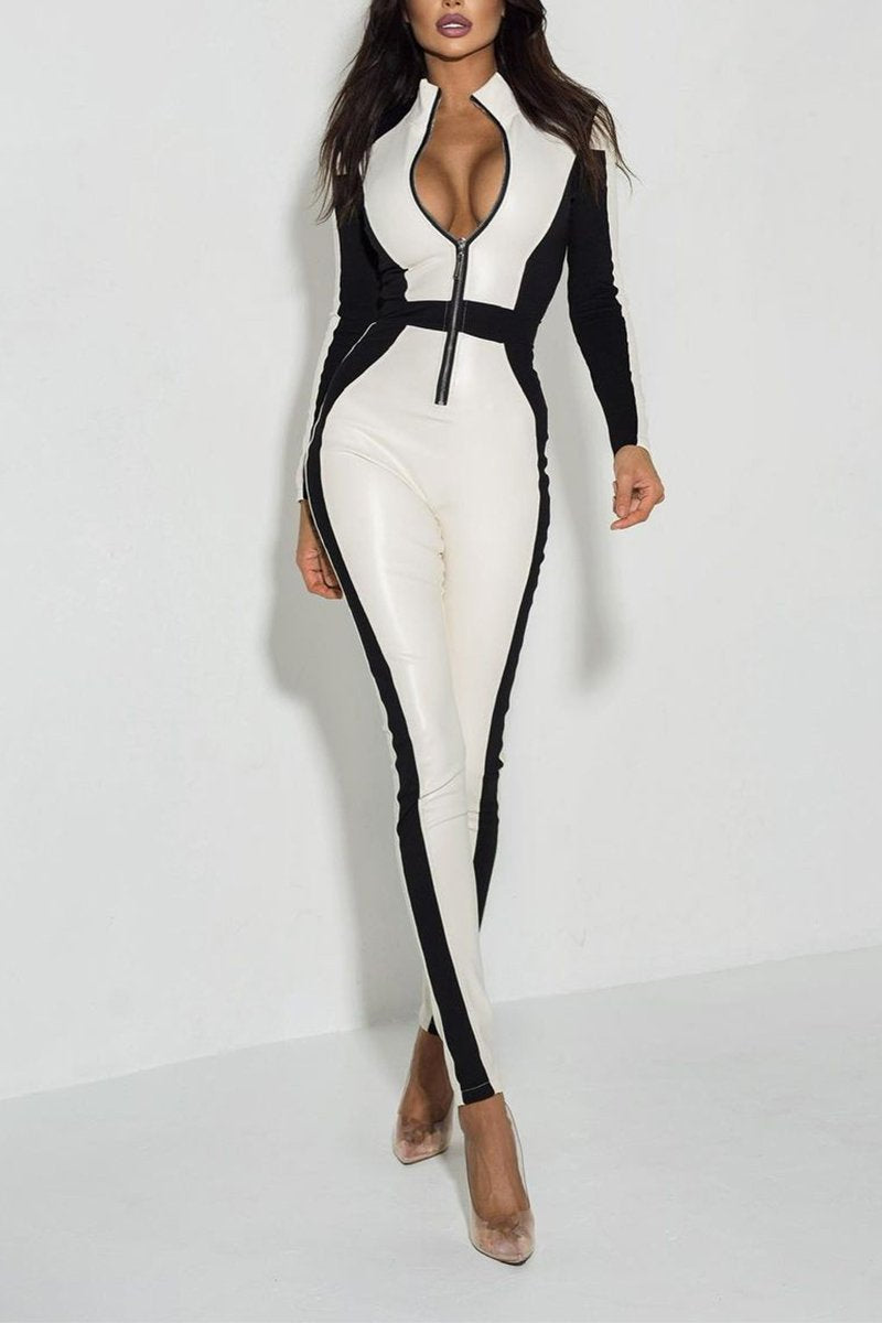 Women's Casual Half-Zip Slim Long Sleeve Contrast Color Jumpsuit