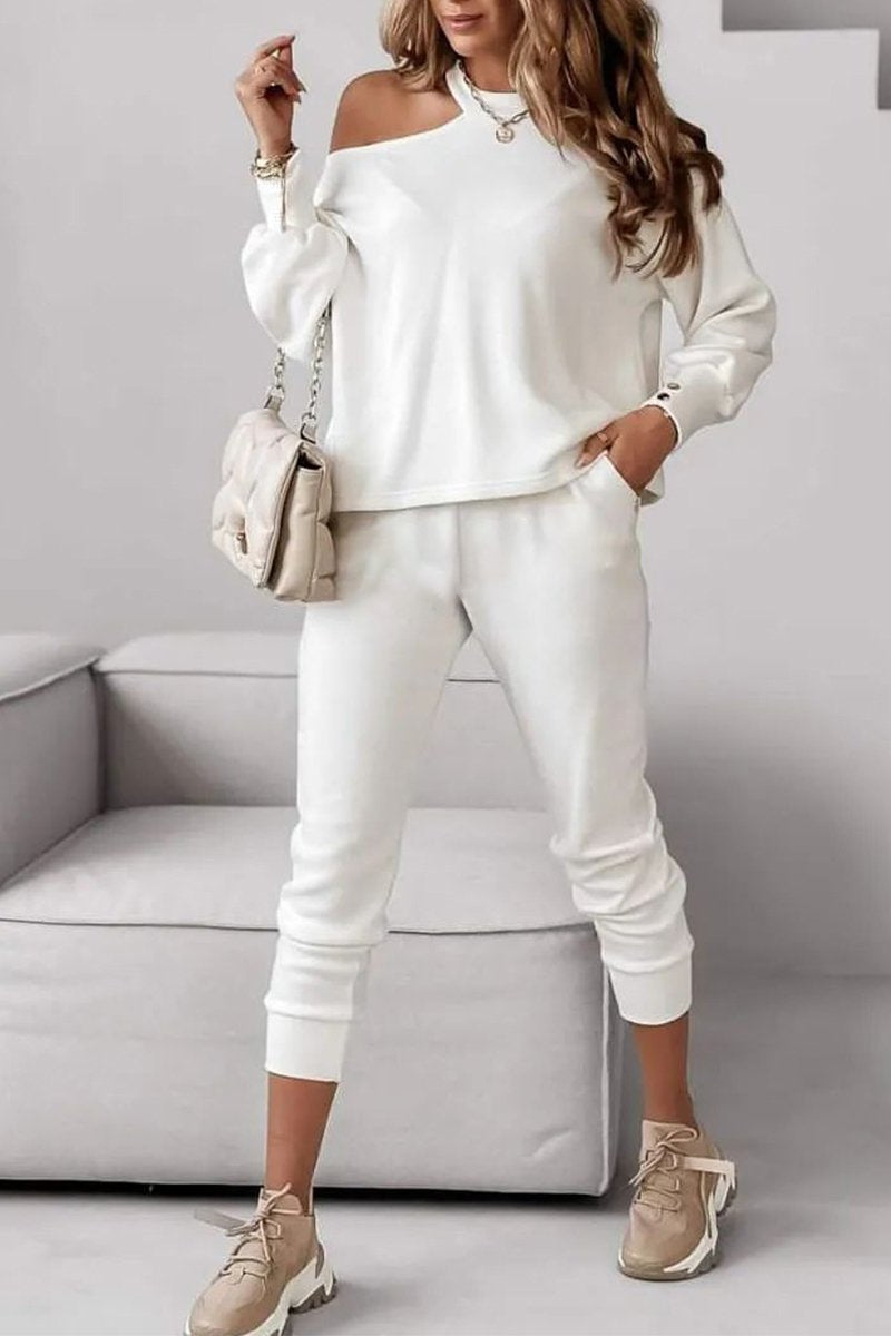 Women's Casual Round-neck Off-shoulder Two-piece Suit