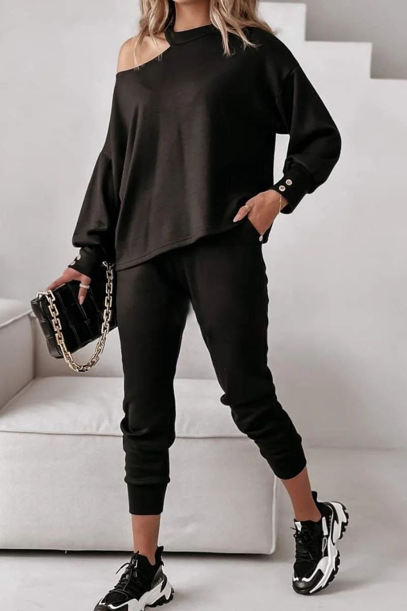 Women's Casual Round-neck Off-shoulder Two-piece Suit