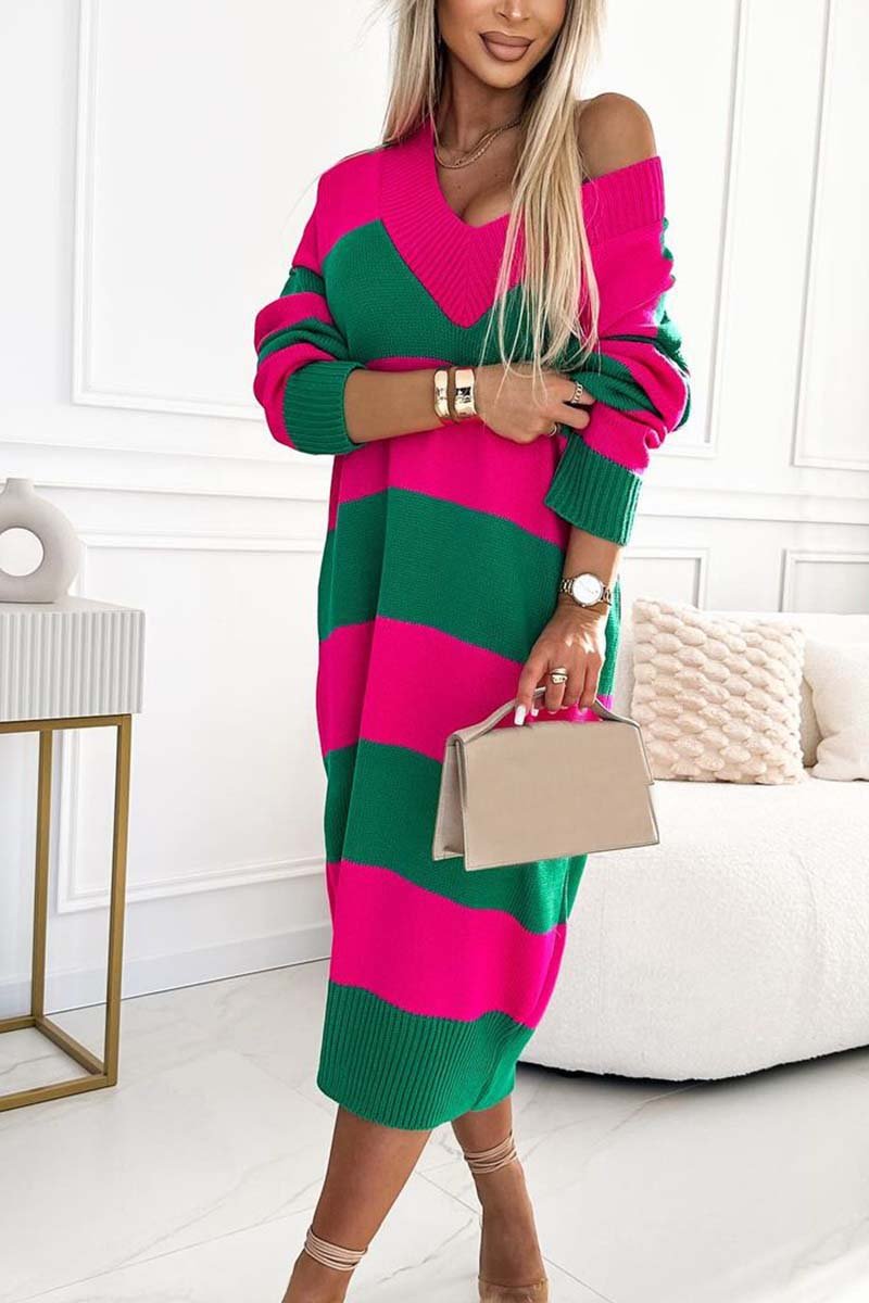 Women's Striped V Neck Long Sleeve Sweater Dress