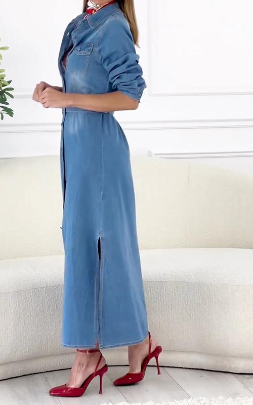 Casual Lapel Long Sleeve Denim Dress