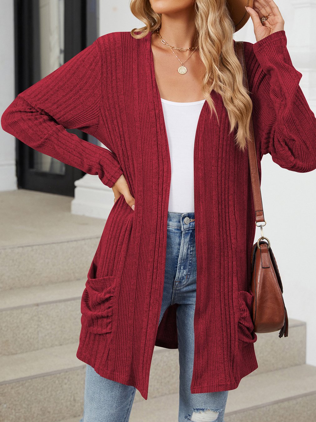 Women's Casual Solid Color Pit Long Sleeve Pocket Cardigan