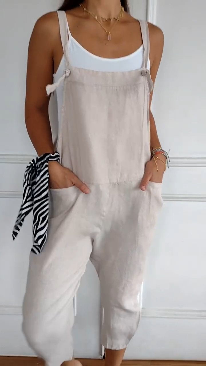 Casual Cotton and Linen Suspender Jumpsuit