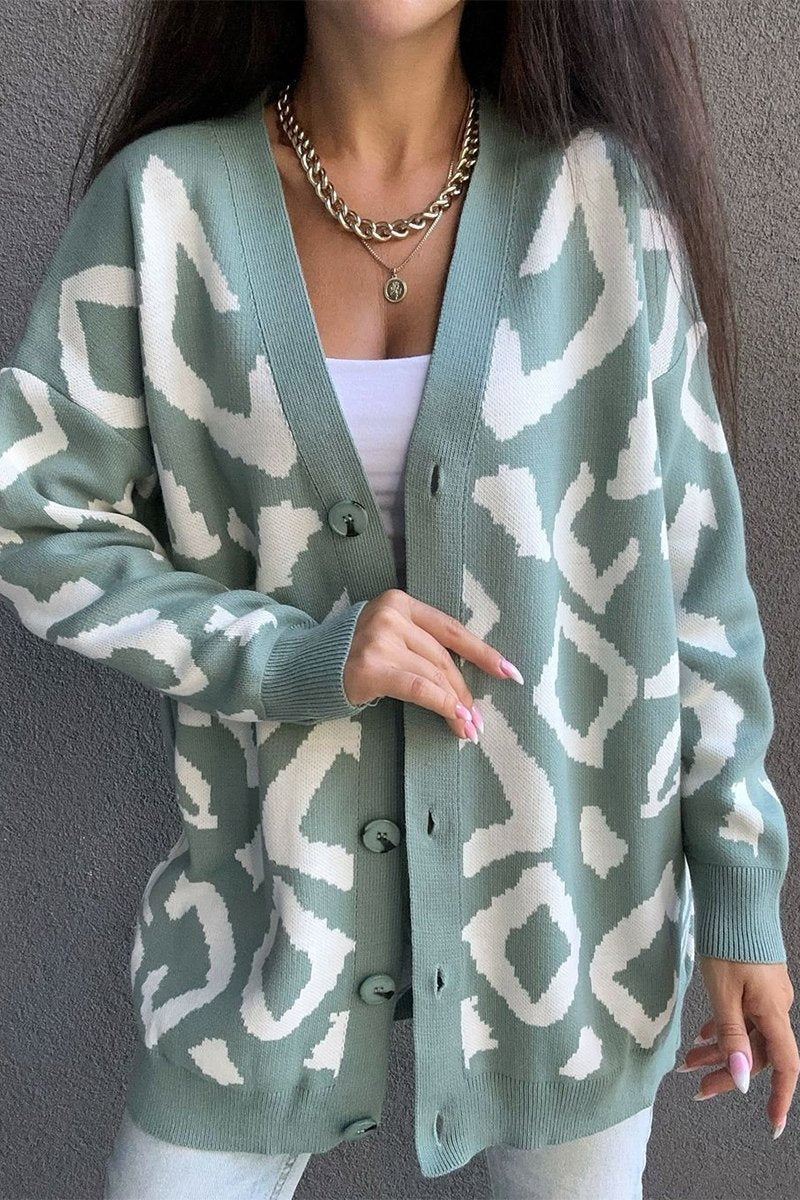 Women's Casual V-neck Printed Knitted Cardigan