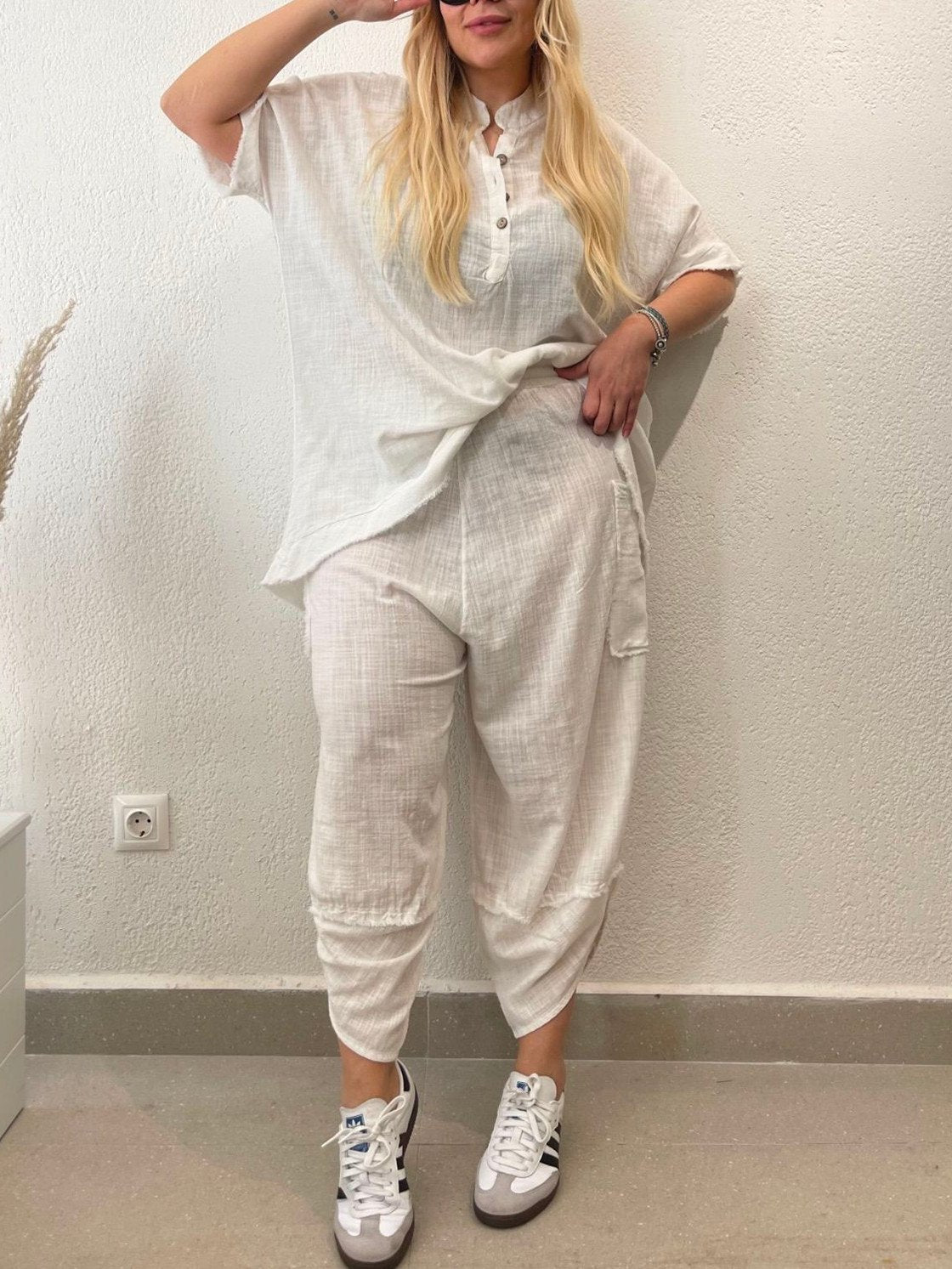 Women's Casual Pocket Cotton and Linen Pants Suit