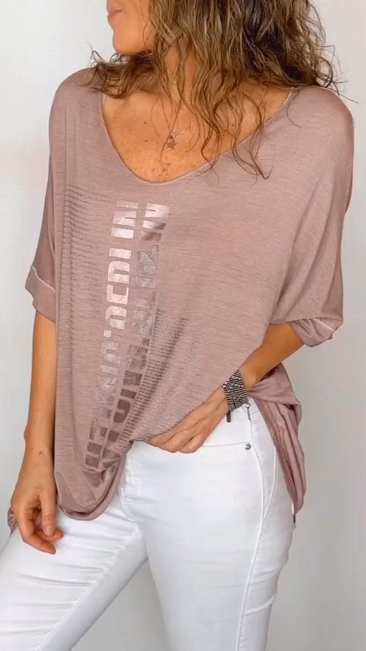 Women's V-neck Text Print Mid-sleeve Casual Top