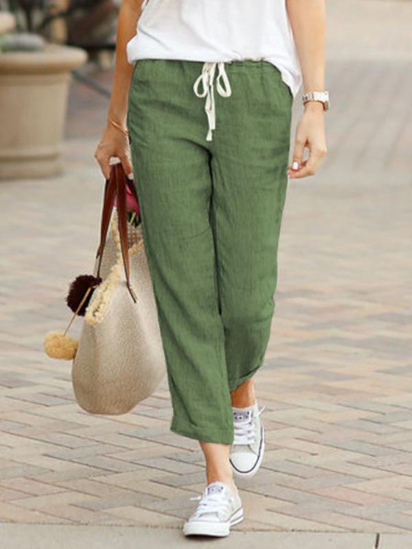 Drawstring Elastic Waist Cotton Linen Straight Trousers