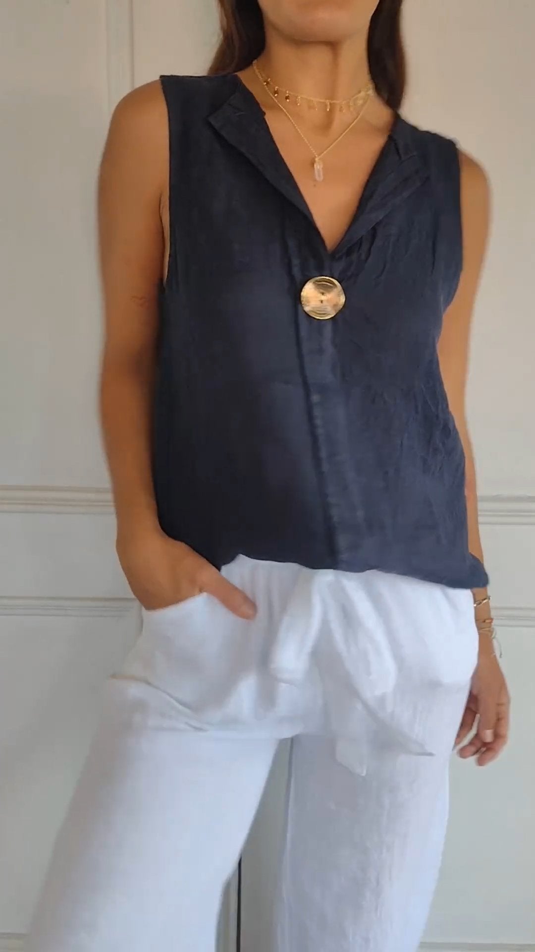 Cotton and Linen Casual V-neck Vest Top