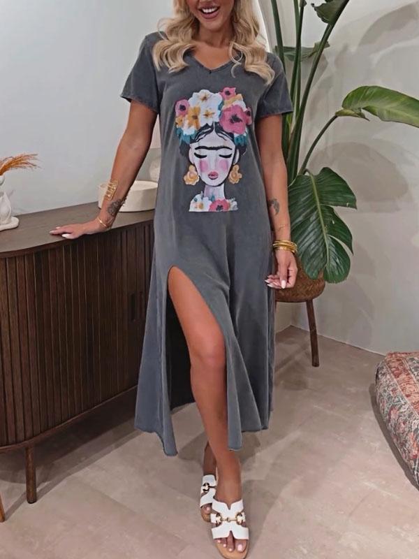 Round Neck Slit Pattern Casual Dress