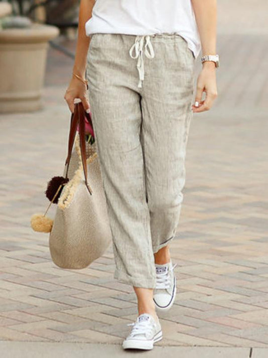 Drawstring Elastic Waist Cotton Linen Straight Trousers