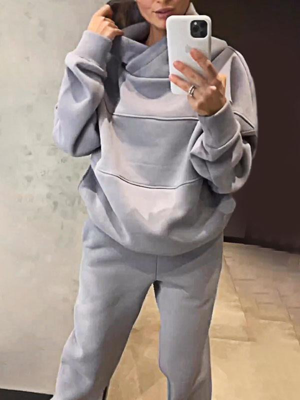 Women's Solid Color Patchwork Hooded Top and Pants Two-piece Set