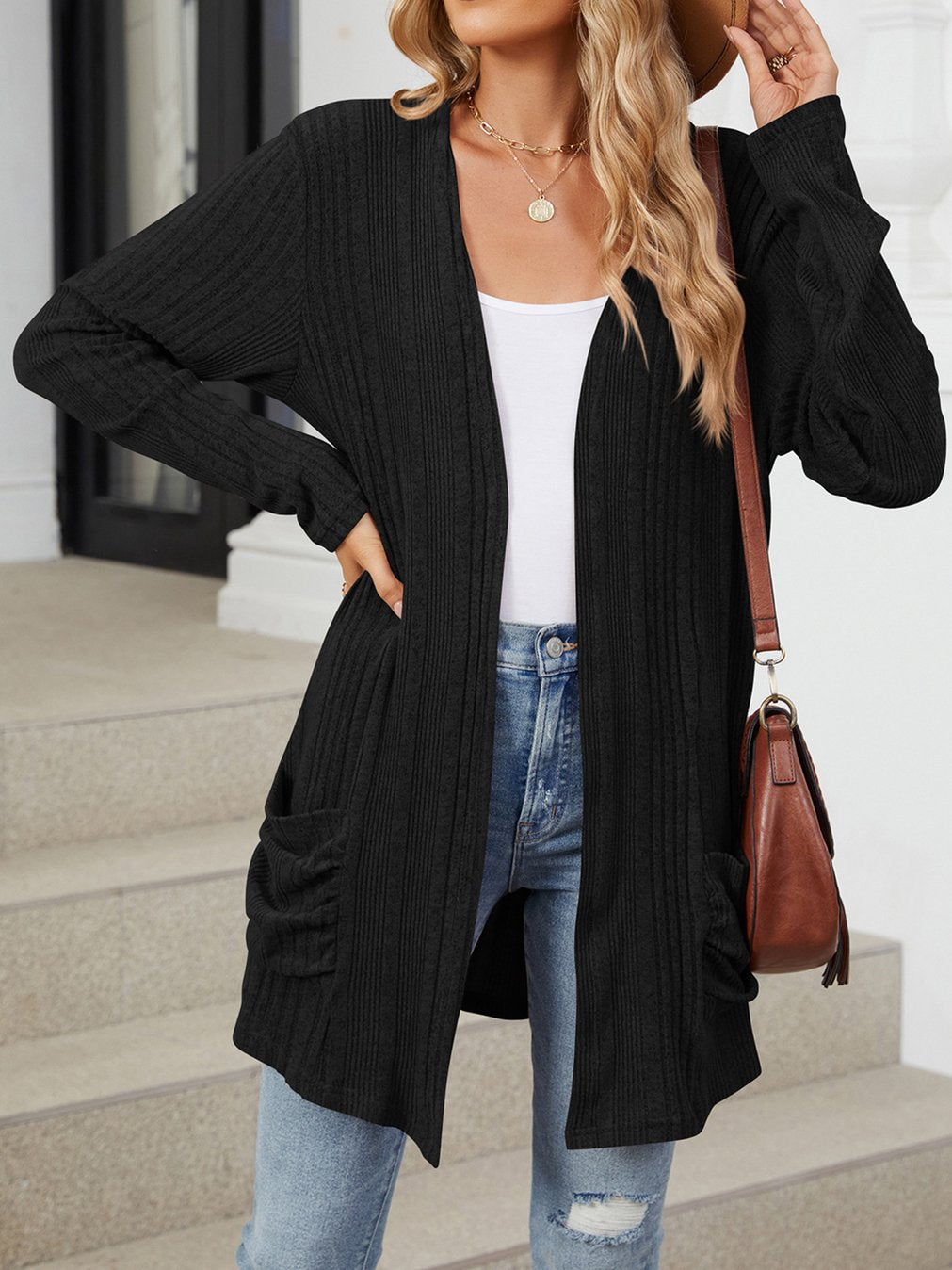 Women's Casual Solid Color Pit Long Sleeve Pocket Cardigan