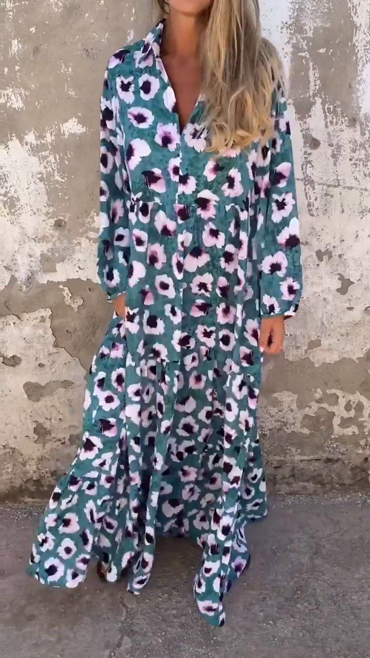 Lapel Leopard Print Long Sleeve Casual Dress