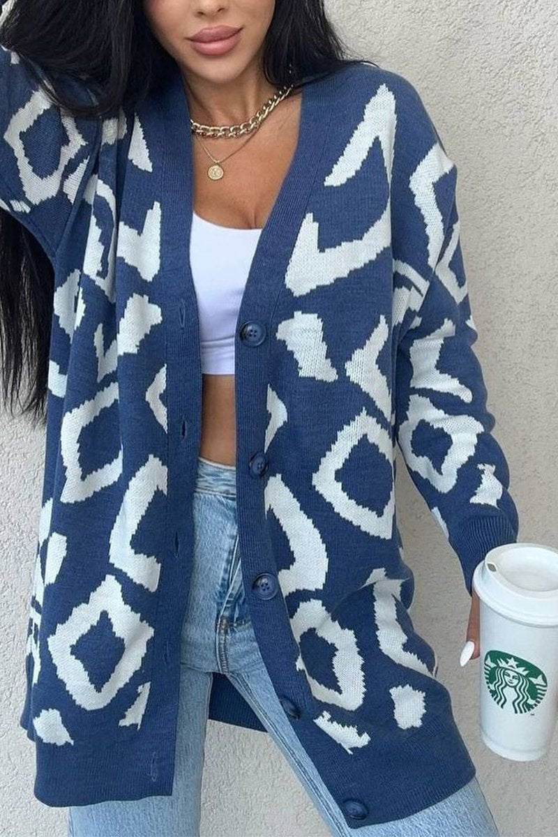 Women's Casual V-neck Printed Knitted Cardigan