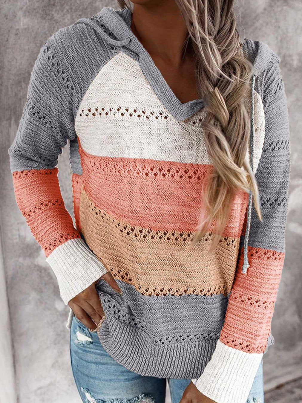 Women's Casual Loose Color Block Hooded Sweater