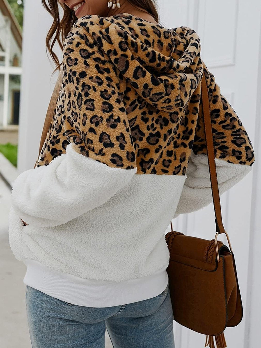 Women's Casual Leopard Print Patchwork Hooded Plush Jacket