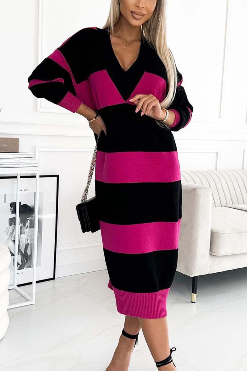 Women's Striped V Neck Long Sleeve Sweater Dress