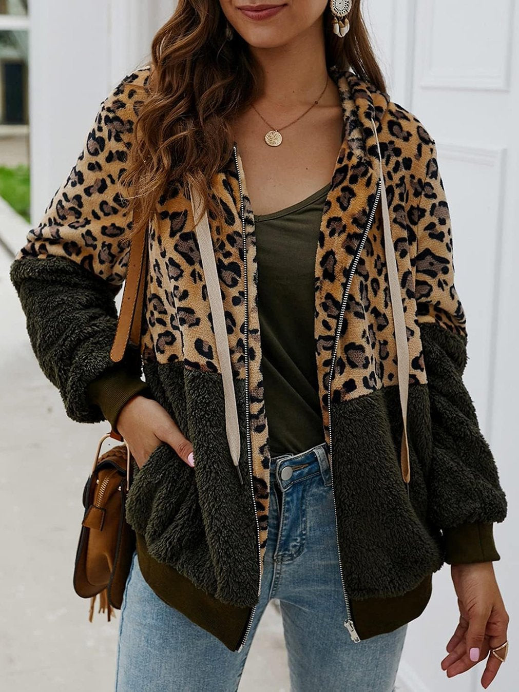 Women's Casual Leopard Print Patchwork Hooded Plush Jacket