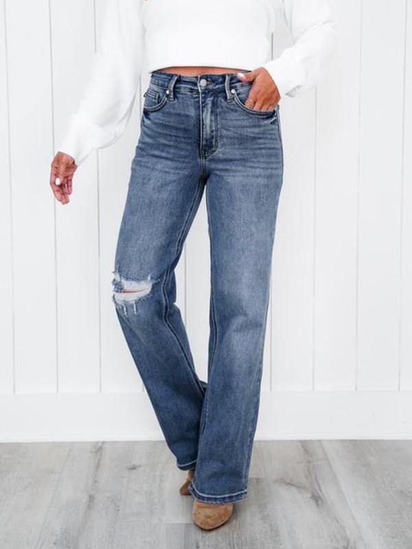 Women's Casual Straight Ripped Jeans Trousers