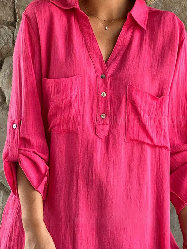 Solid Color Cotton and Linen Button Long Sleeve Casual Shirt Top