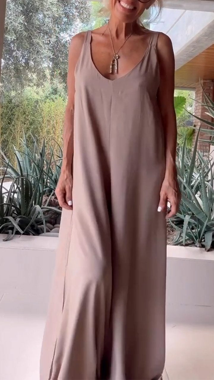 V-neck Sleeveless Solid Color Jumpsuit