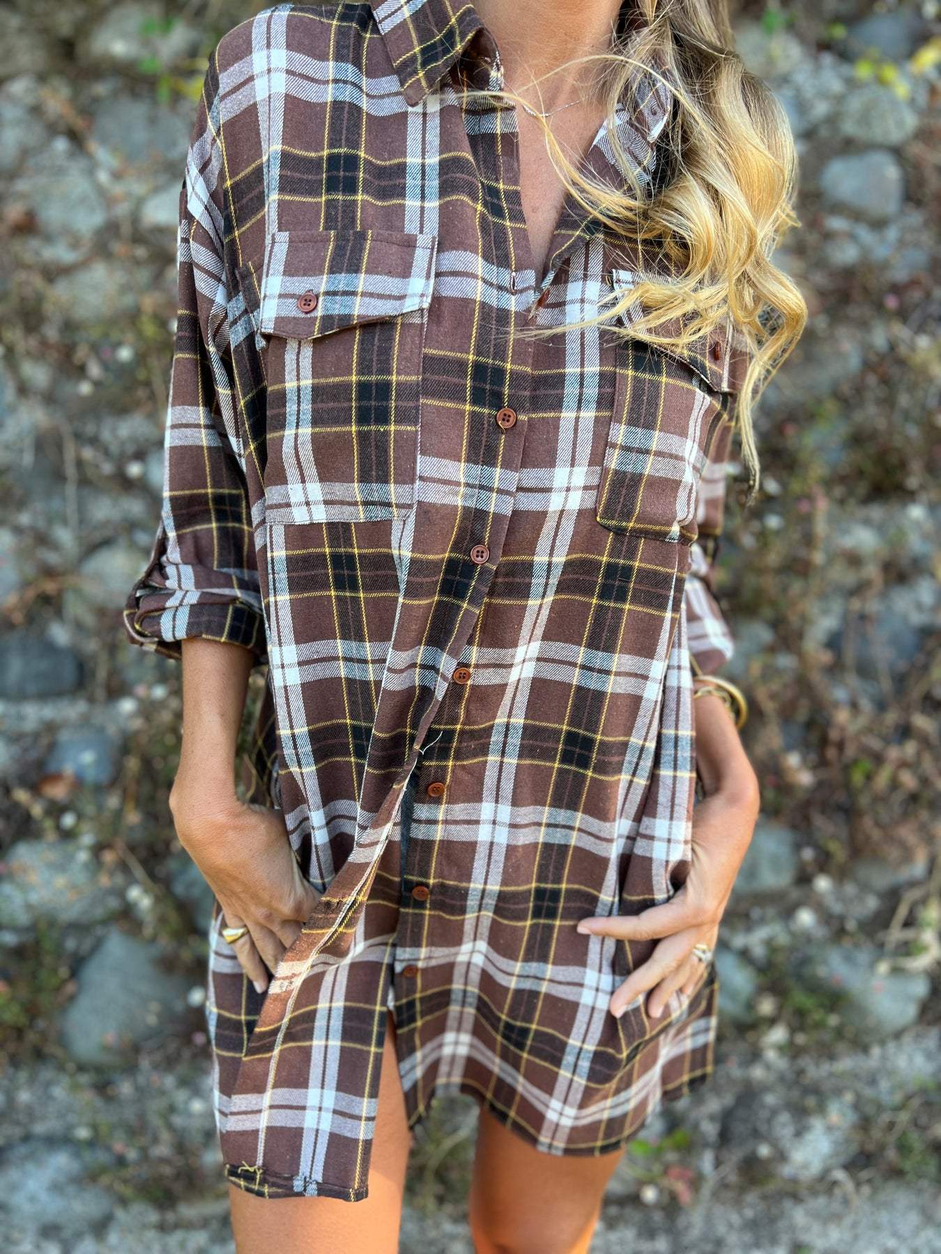 Plaid Mid-sleeve Lapel Shirt