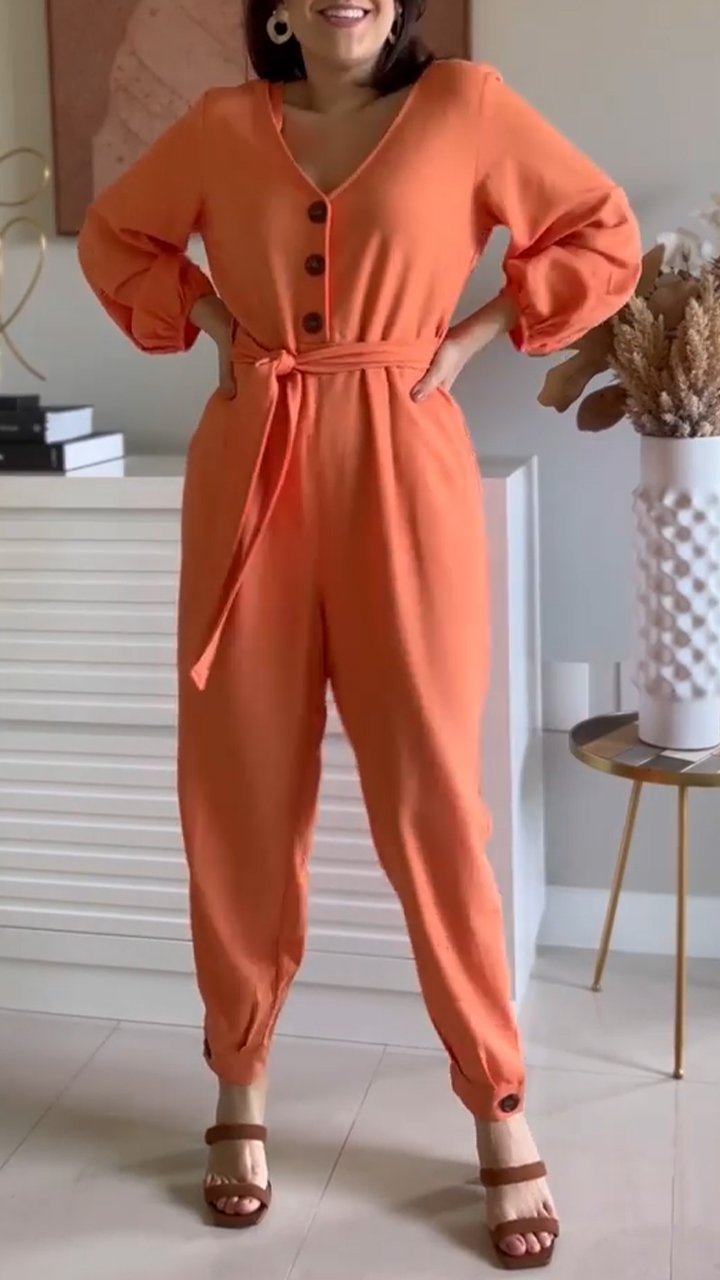 Casual V-neck Long-sleeved Jumpsuit