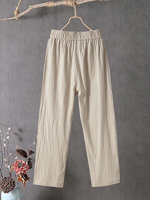 Women's Slacks Baggy Cropped  Ankle-Length Linen Pocket Elastic Mid Waist Pants