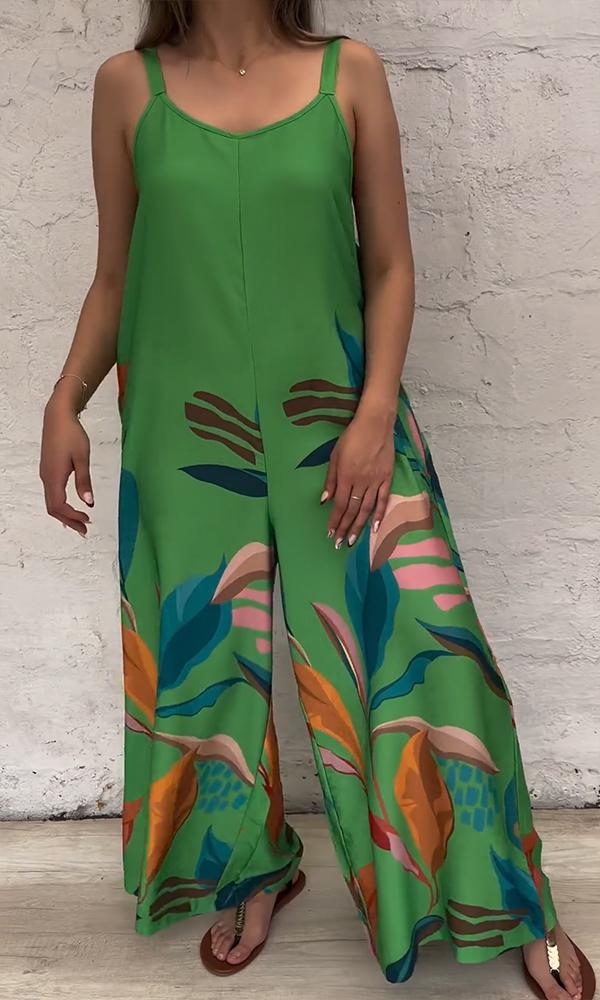 Women's Sleeveless Printed Jumpsuit with Crew Neck